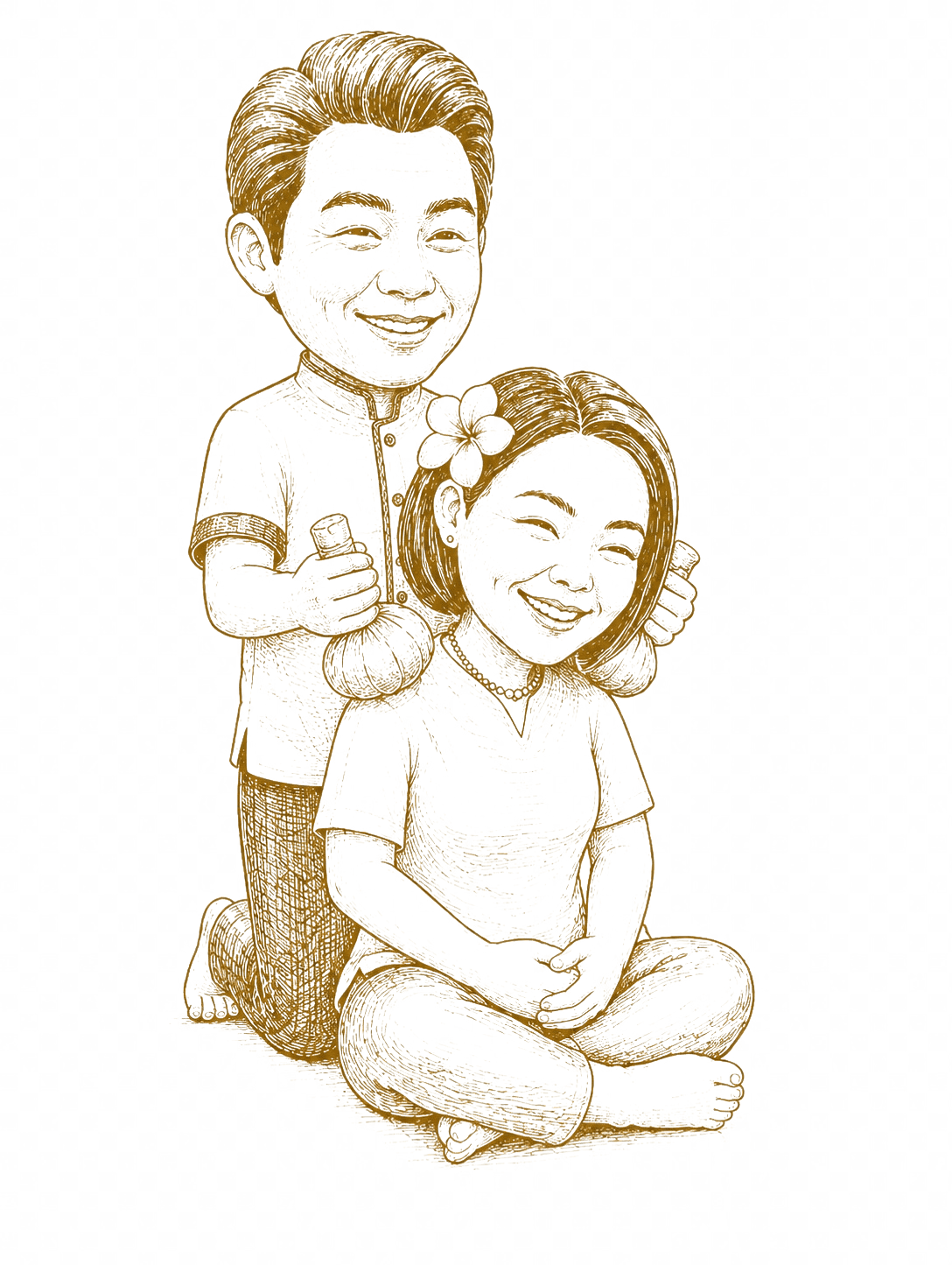 Illustration of a Thai massage therapist holding herbal compresses behind a seated guest
