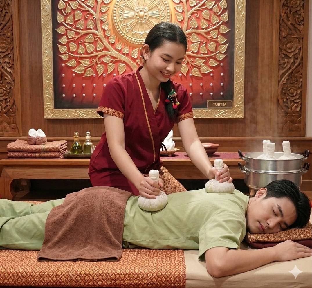 DALA38 therapist applying warm Thai herbal compresses to a guest's back